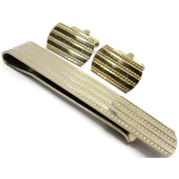 Long Wide Tie Bar & Cufflink Set Faded Gold Tone Tarnished Shirt Vintage - Picture 1 of 7